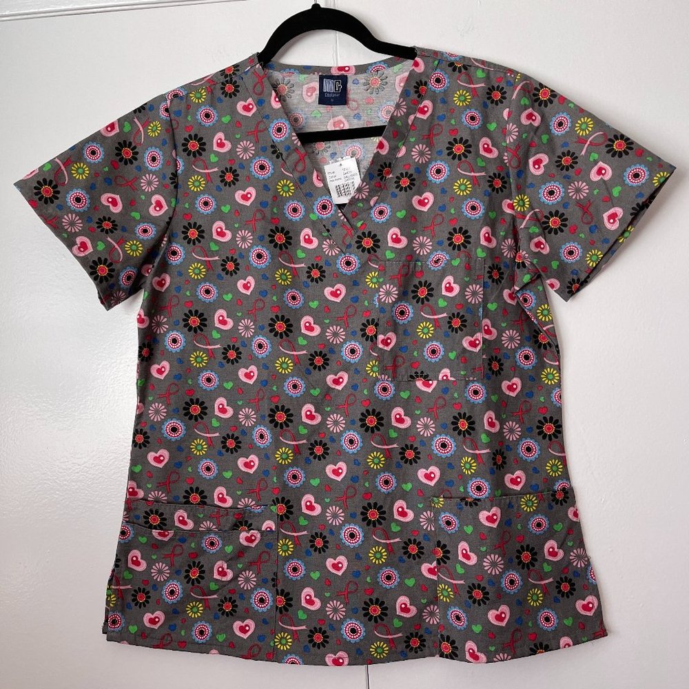 NWT - pink ribbon, flower, heart MD MedGear Scrubs sz Med